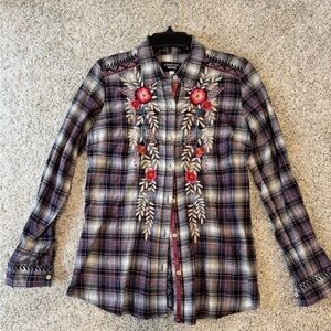 Johnny Was Multicolor Plaid Embroidered Shirt